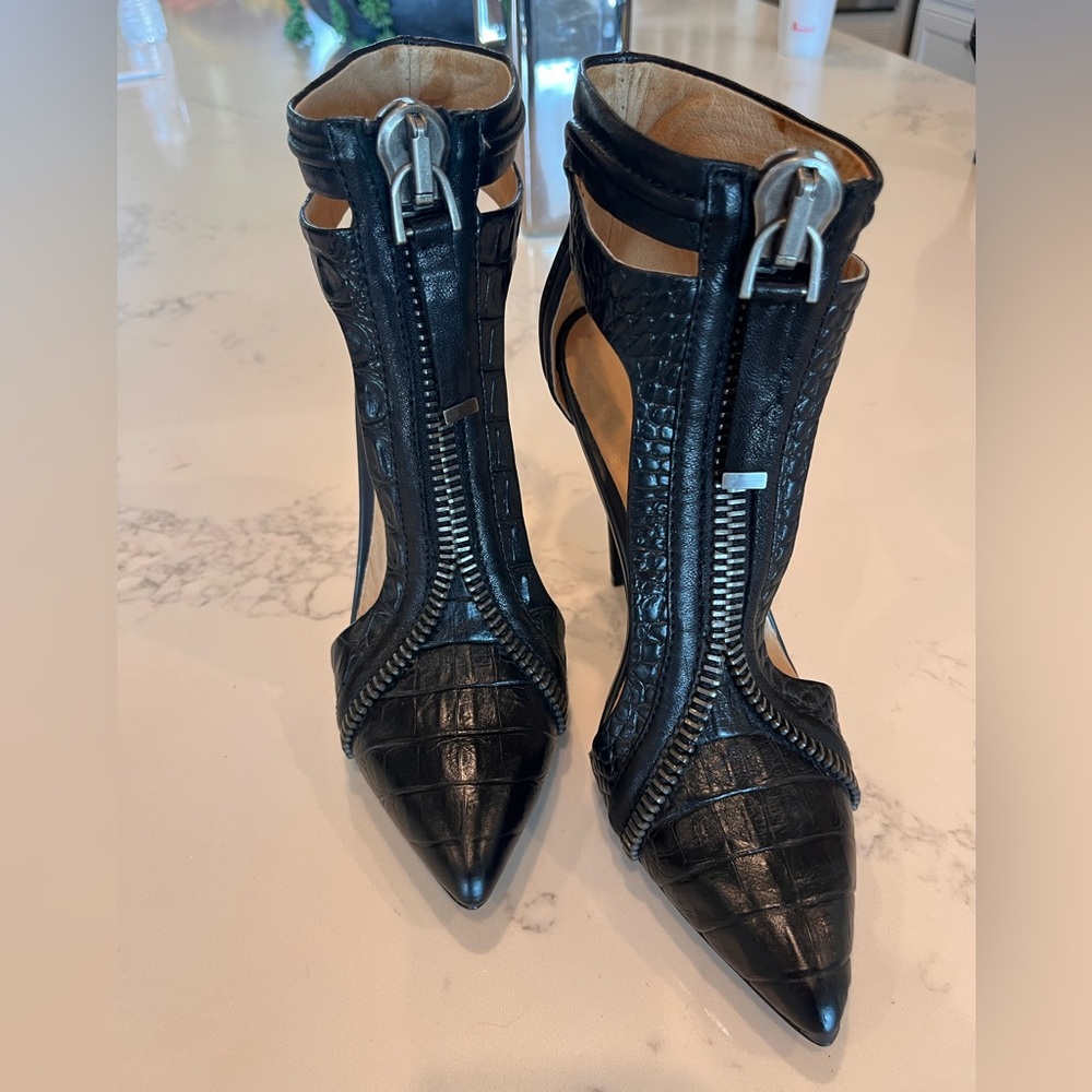 L.A.M.B. Women’s Daisy Black Croc Zip Front Pointed Leather Heels
